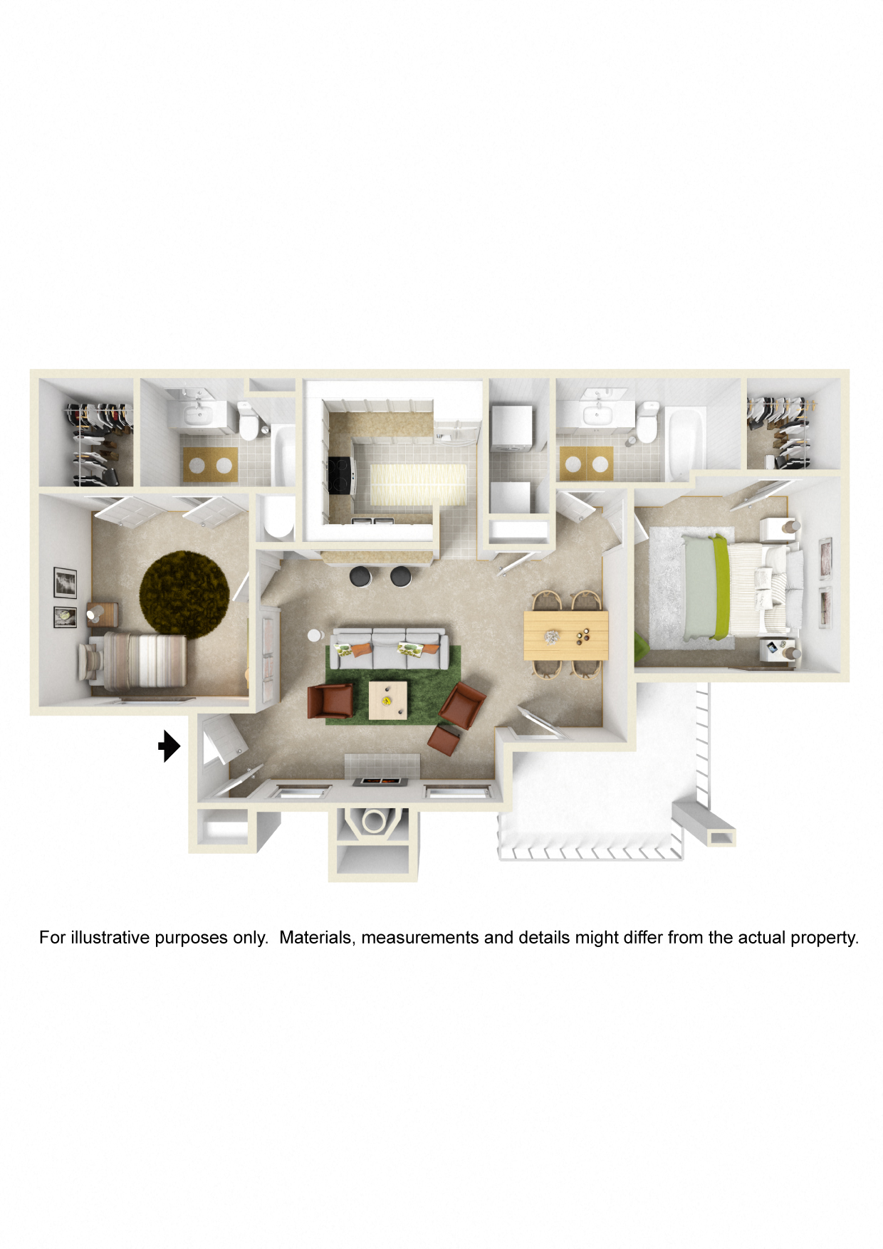 Floor plan for 2 beds, 2 baths, 978 sqft